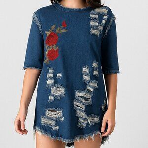 THRILL Denim Embroidered Distressed High-Low Mini Dress Size L